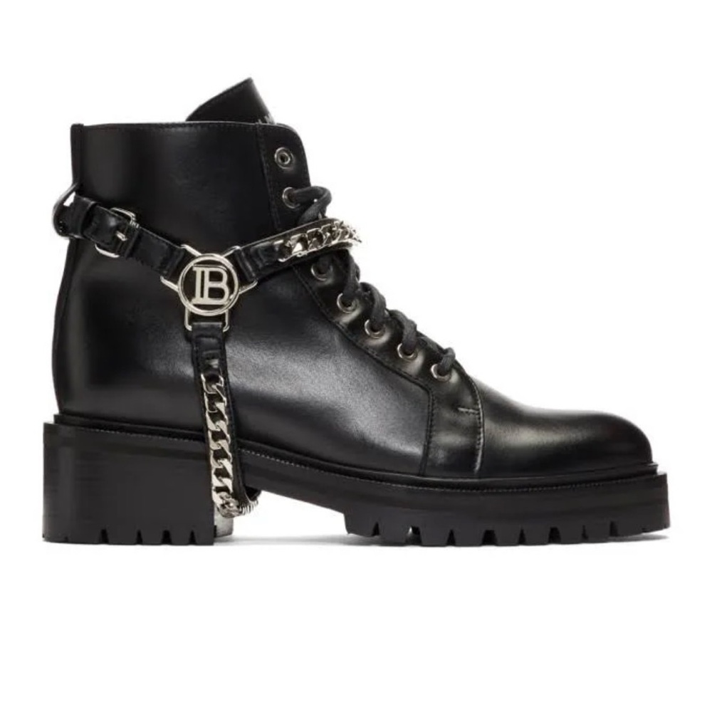 Balmain Black Leather Combat Boots with Chain Accent